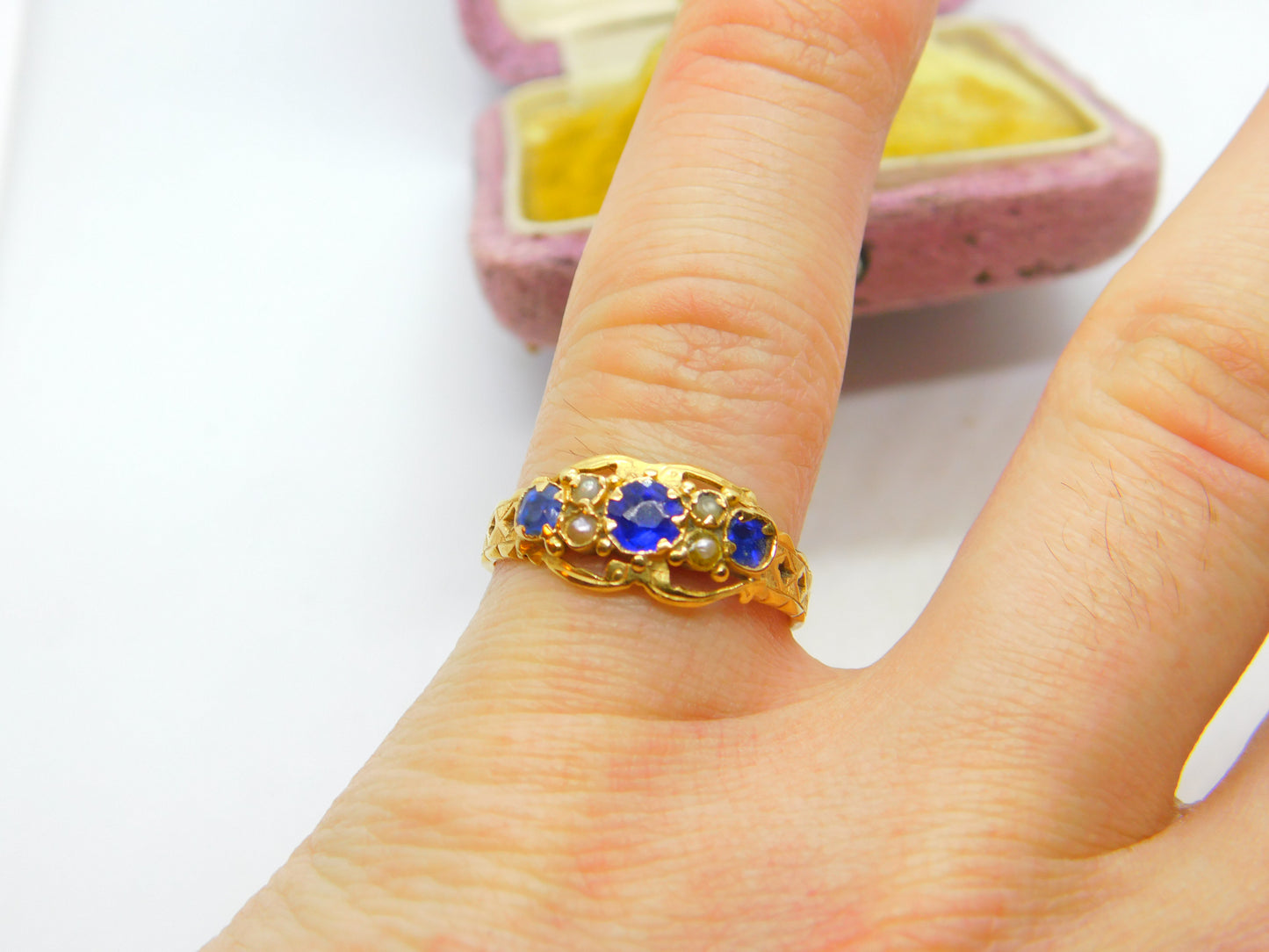 18ct Yellow Gold, Sapphire & Pearl Boat Ring 1911 Chester Antique Art Deco