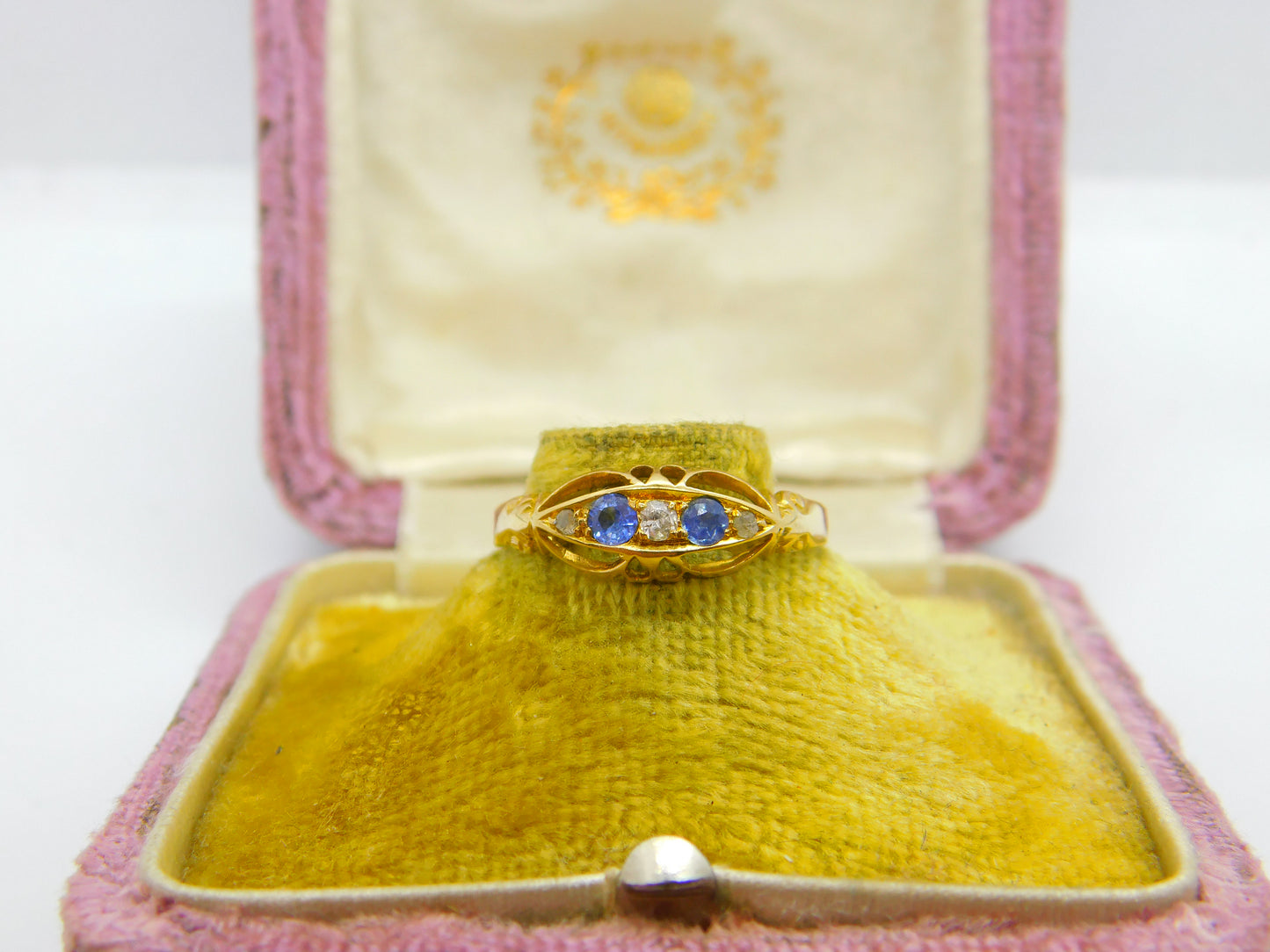 Victorian 18ct Yellow Gold, Sapphire & Diamond Boat Ring Antique c1890