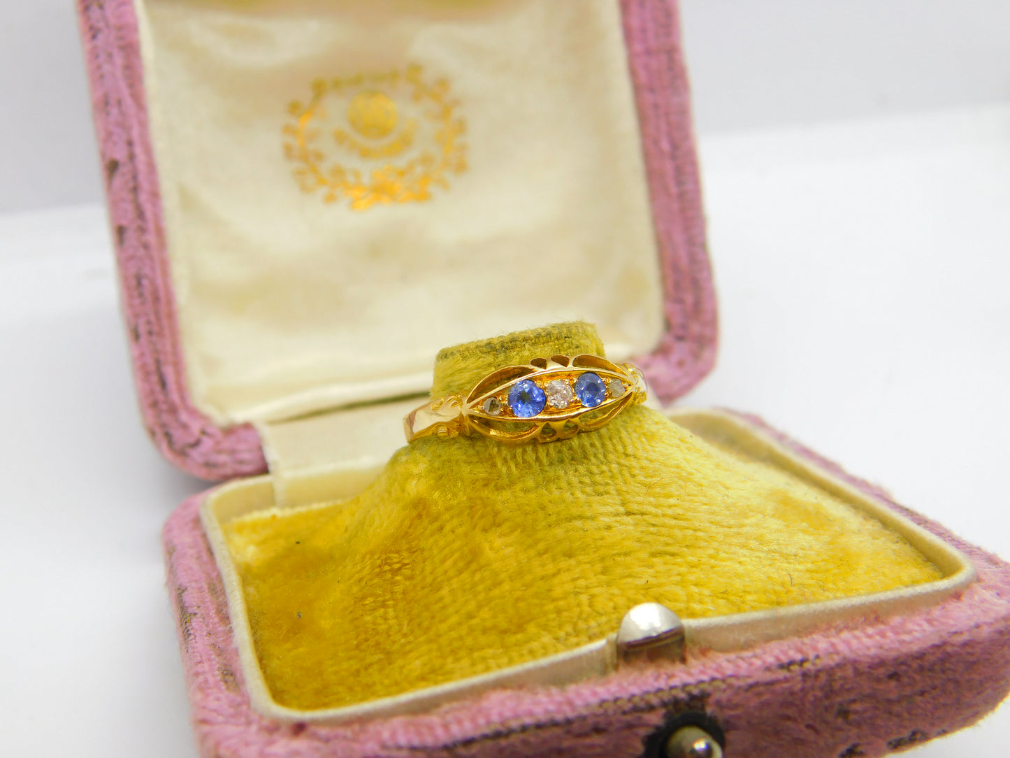 Victorian 18ct Yellow Gold, Sapphire & Diamond Boat Ring Antique c1890