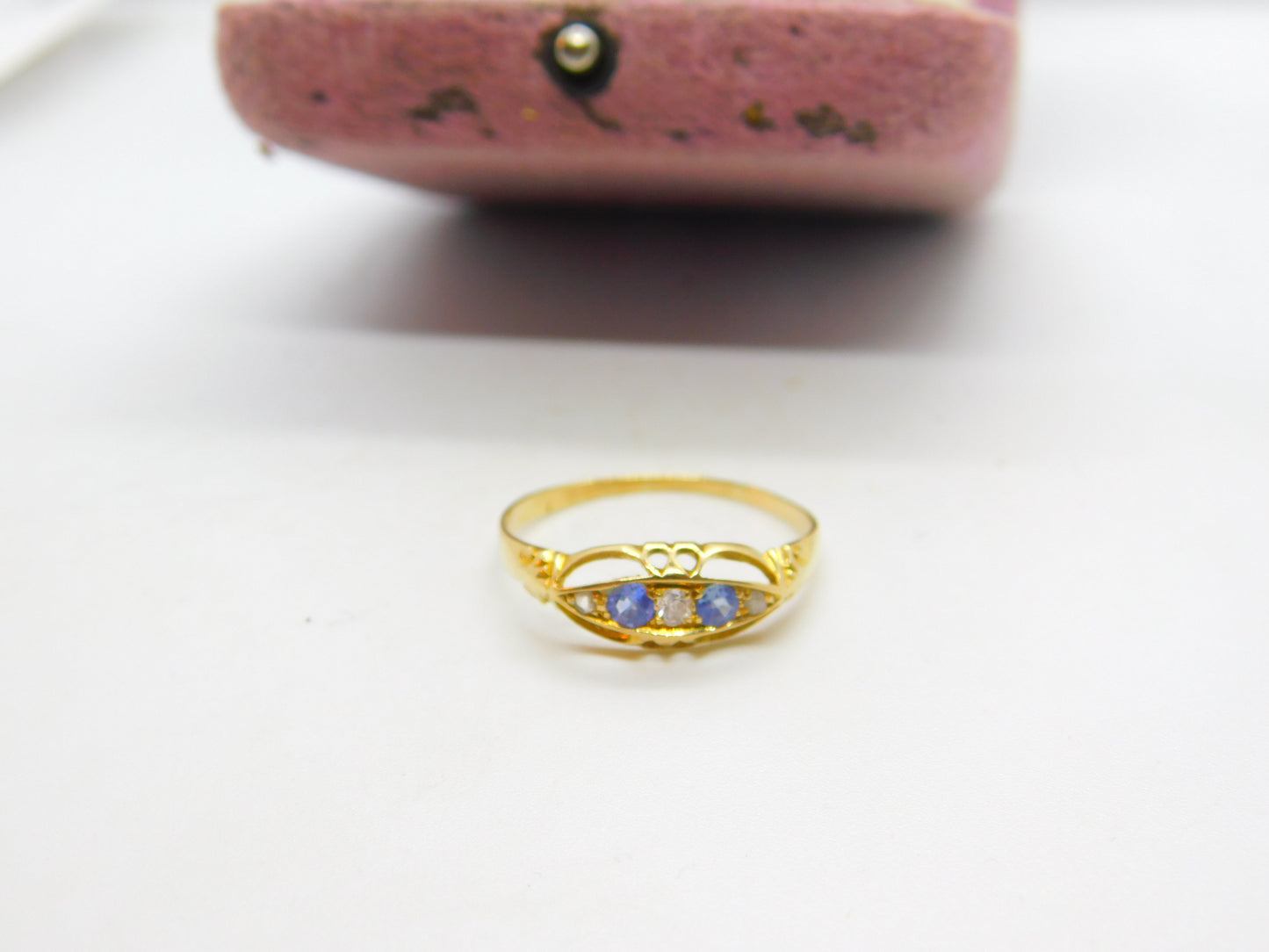 Victorian 18ct Yellow Gold, Sapphire & Diamond Boat Ring Antique c1890