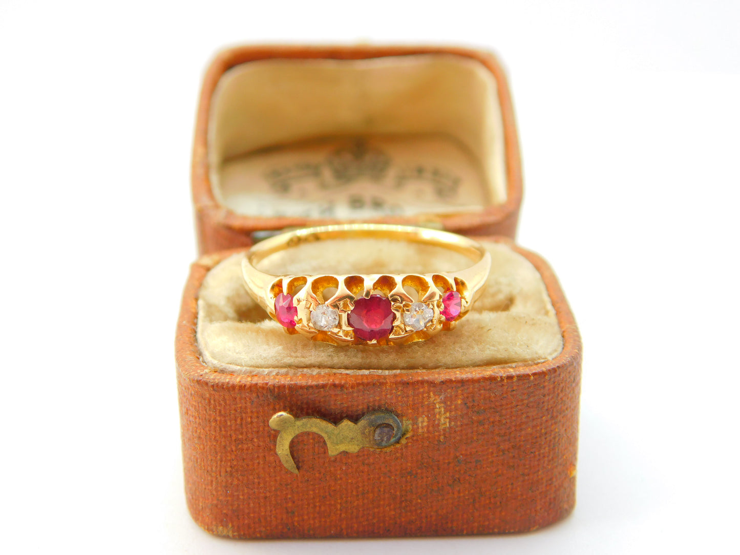 Victorian 18ct Yellow Gold, Ruby & Diamond Set Boat Ring c1880 Antique