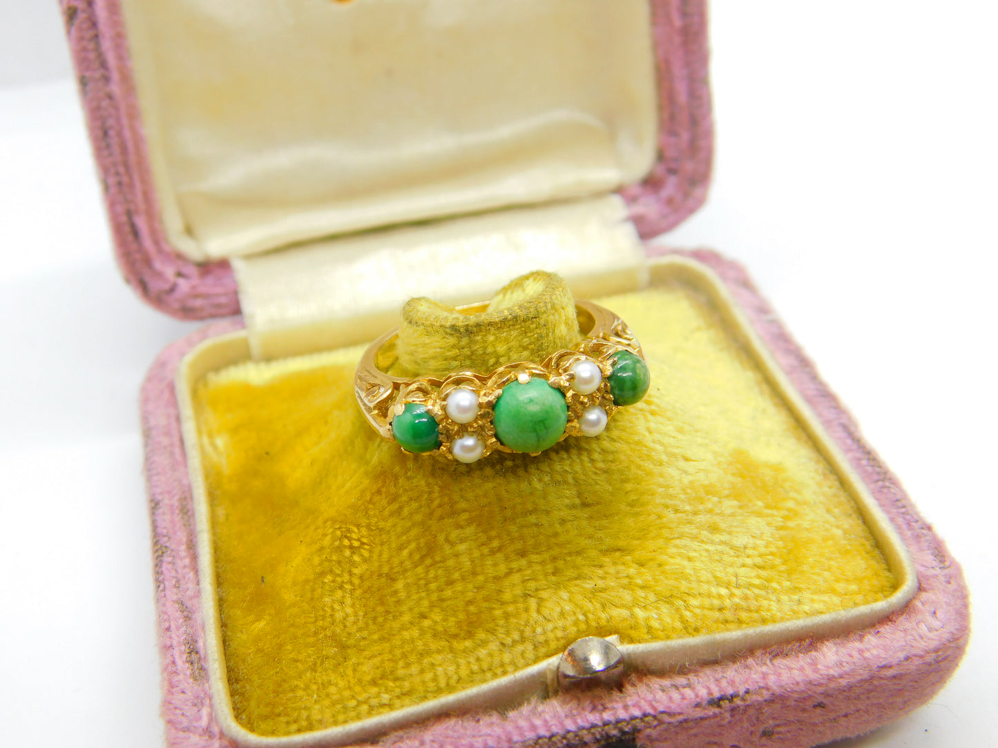 9ct Yellow Gold Ornate Turquoise & Pearl Set Band Ring Antique c1930 Art Deco