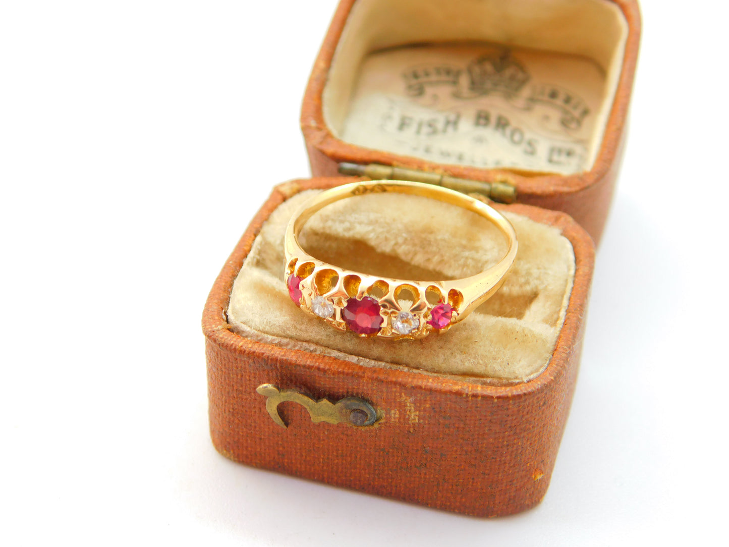 Victorian 18ct Yellow Gold, Ruby & Diamond Set Boat Ring c1880 Antique