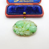 Sterling Silver & Carved Apple Green Jade Floral Brooch Antique c1930 Art Deco