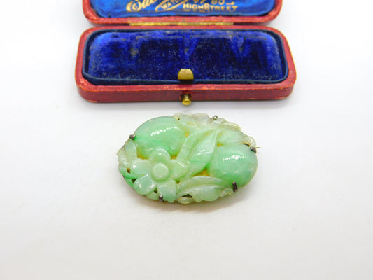 Sterling Silver & Carved Apple Green Jade Floral Brooch Antique c1930 Art Deco