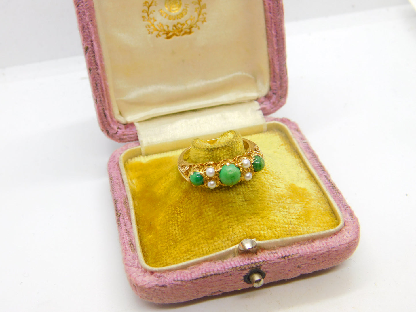 9ct Yellow Gold Ornate Turquoise & Pearl Set Band Ring Antique c1930 Art Deco