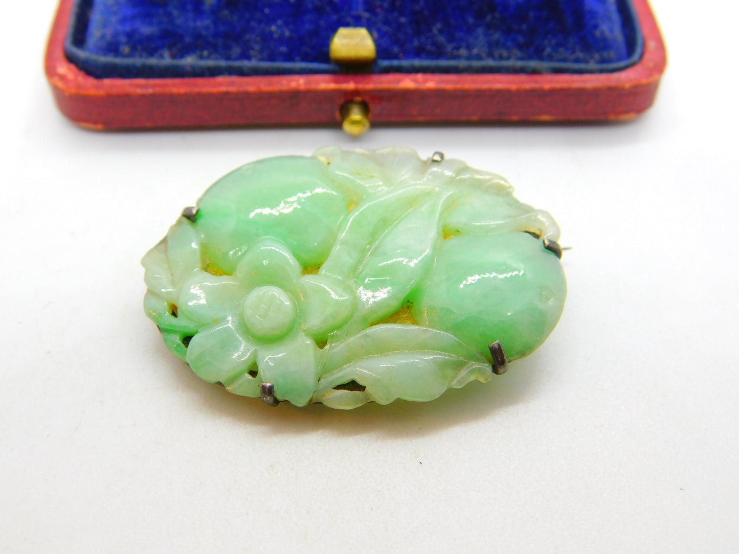 Sterling Silver & Carved Apple Green Jade Floral Brooch Antique c1930 Art Deco