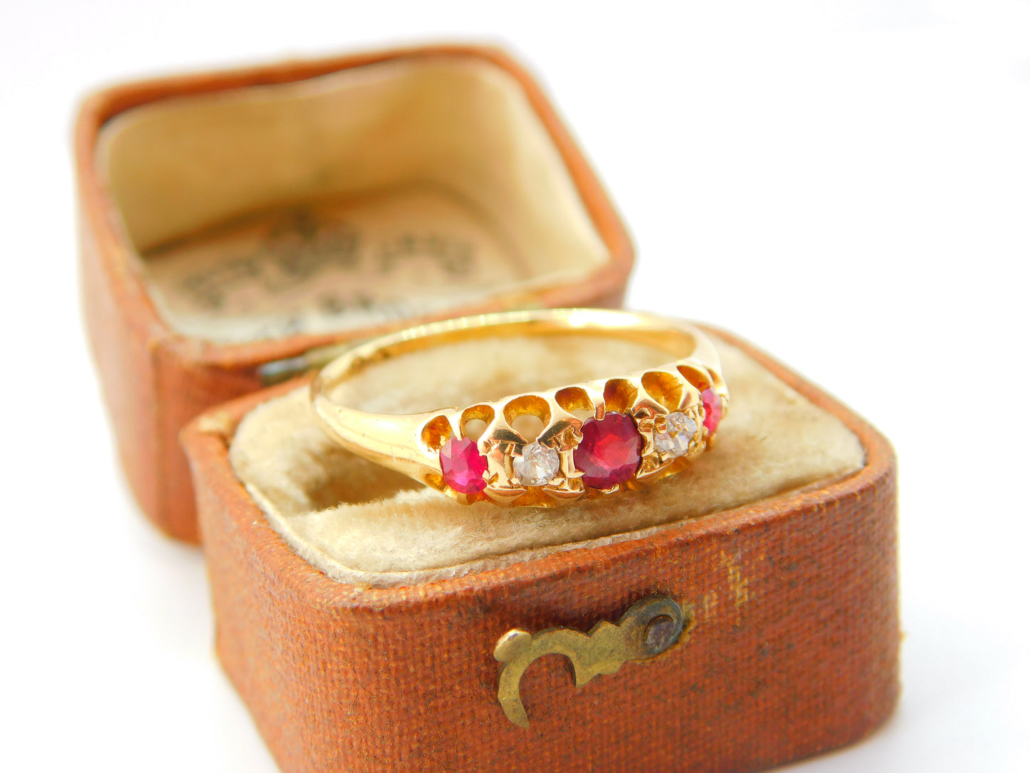 Victorian 18ct Yellow Gold, Ruby & Diamond Set Boat Ring c1880 Antique