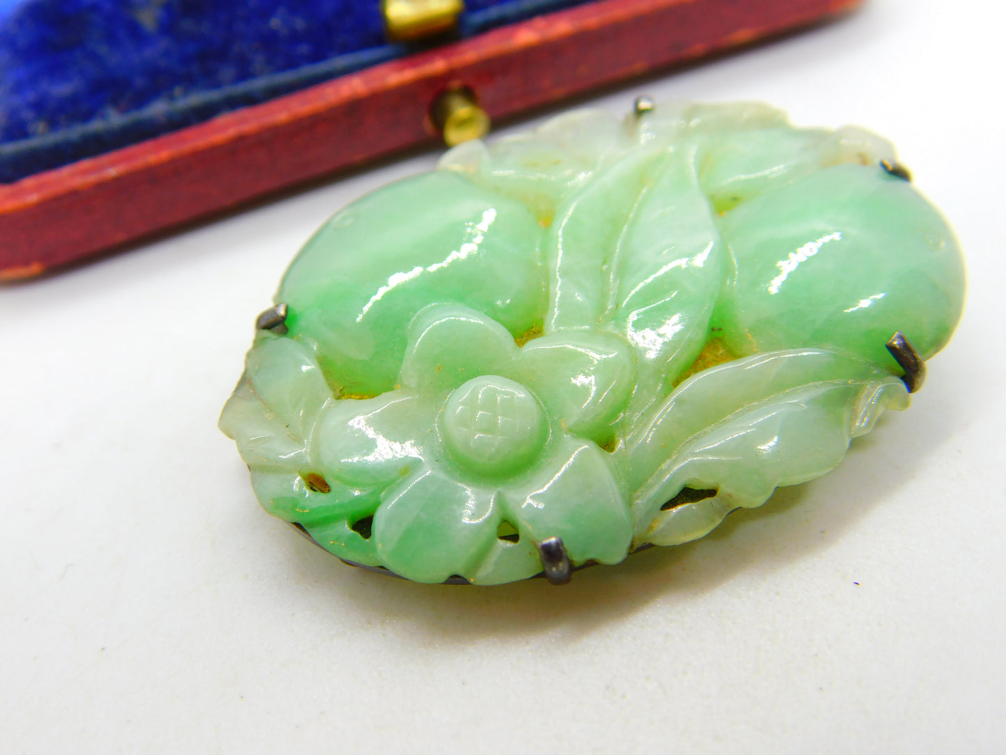 Sterling Silver & Carved Apple Green Jade Floral Brooch Antique c1930 Art Deco