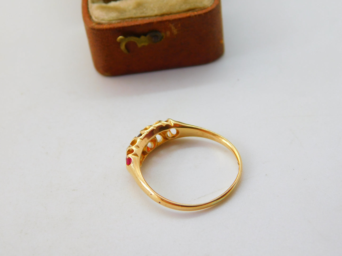 Victorian 18ct Yellow Gold, Ruby & Diamond Set Boat Ring c1880 Antique