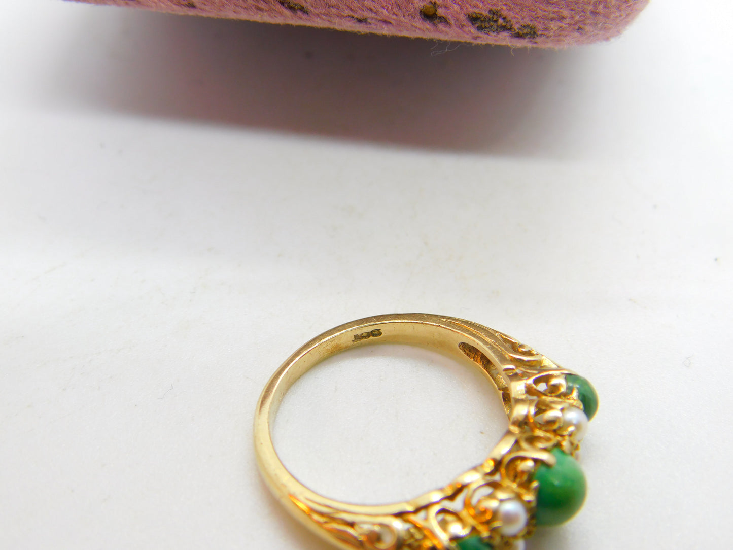 9ct Yellow Gold Ornate Turquoise & Pearl Set Band Ring Antique c1930 Art Deco