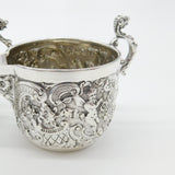 Pair Victorian Sterling Silver Cupid, Floral, Mythic Cream Jugs Antique 1900