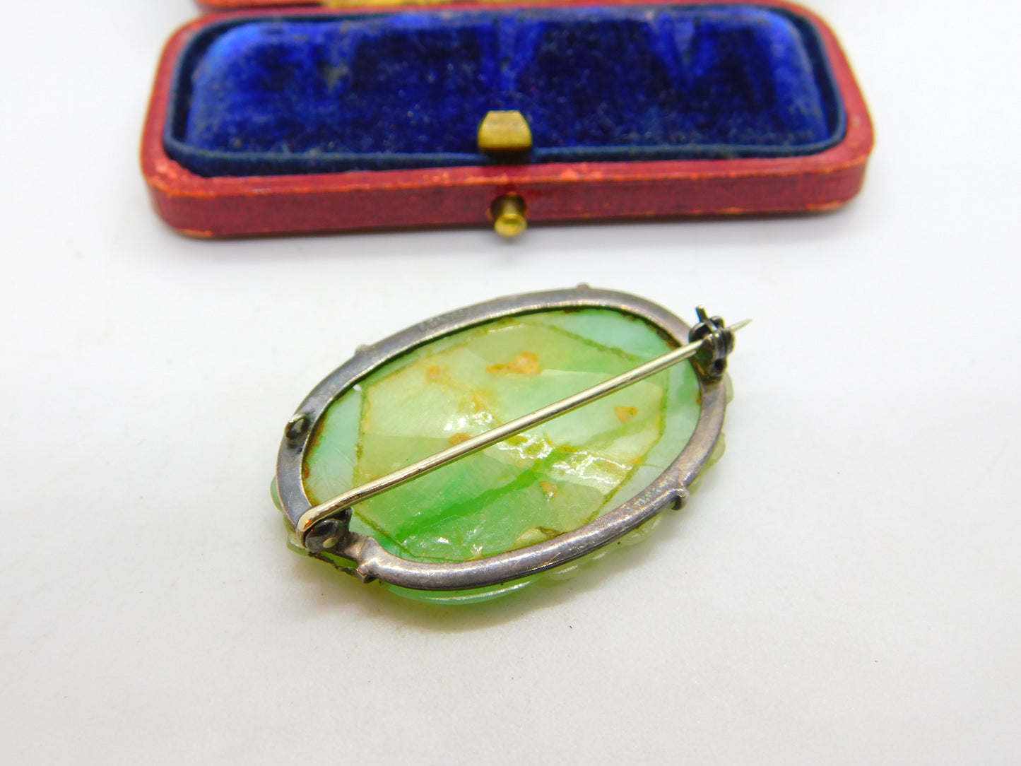 Sterling Silver & Carved Apple Green Jade Floral Brooch Antique c1930 Art Deco