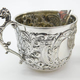 Pair Victorian Sterling Silver Cupid, Floral, Mythic Cream Jugs Antique 1900
