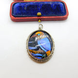 Sterling Silver Morpho Butterfly Wing Set Kingfisher Bird Pendant c1920 Antique