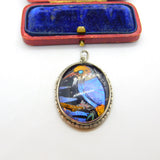 Sterling Silver Morpho Butterfly Wing Set Kingfisher Bird Pendant c1920 Antique