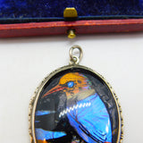 Sterling Silver Morpho Butterfly Wing Set Kingfisher Bird Pendant c1920 Antique