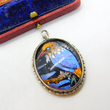 Sterling Silver Morpho Butterfly Wing Set Kingfisher Bird Pendant c1920 Antique