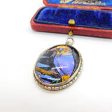 Sterling Silver Morpho Butterfly Wing Set Kingfisher Bird Pendant c1920 Antique