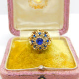 9ct Yellow Gold, Sapphire & Diamond Paste Floral Statement Ring 1972 Birmingham