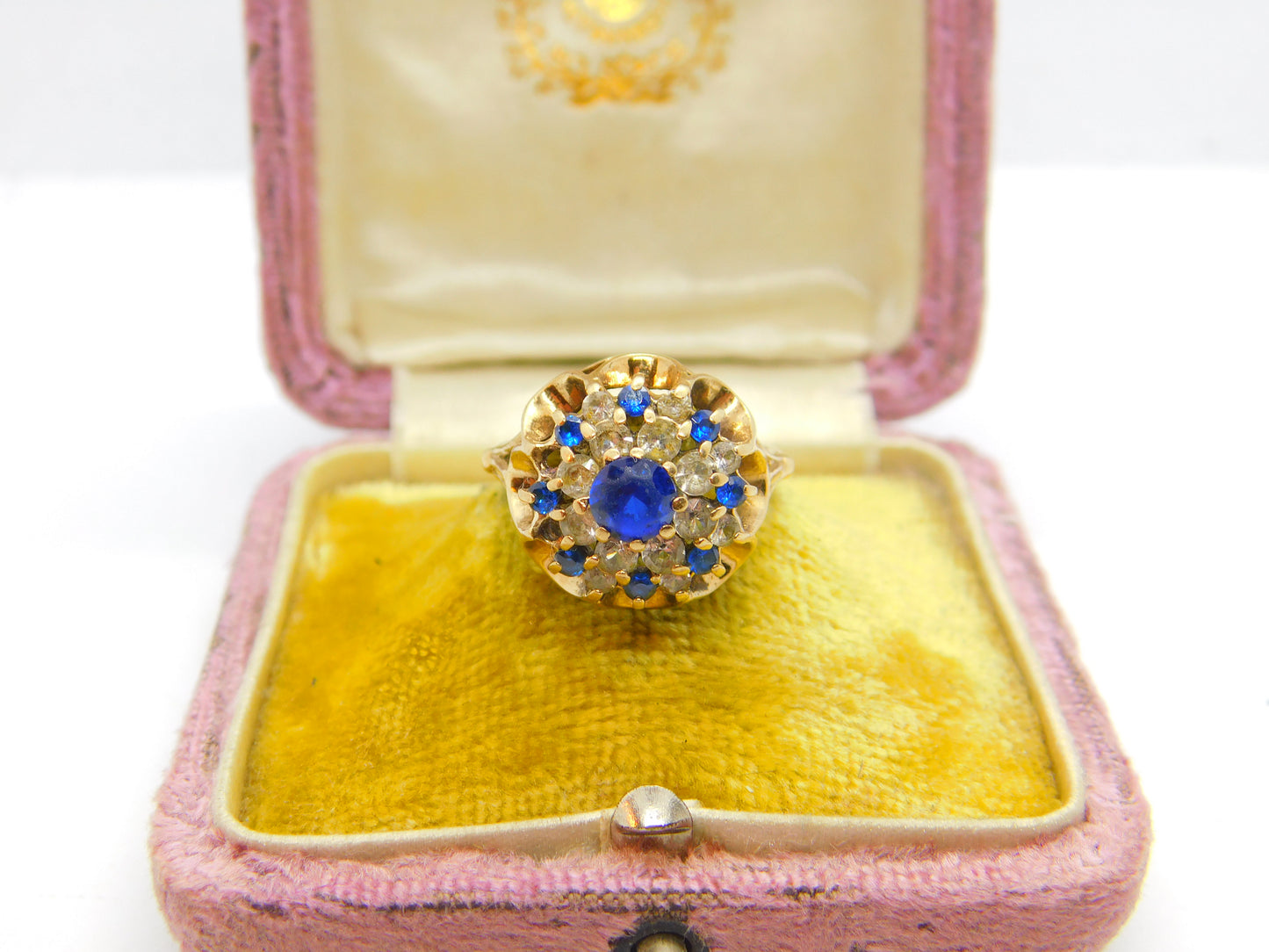 9ct Yellow Gold, Sapphire & Diamond Paste Floral Statement Ring 1972 Birmingham