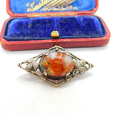 Sterling Silver & Cabochon Moss Agate Floral Brooch Antique c1920 Art Deco