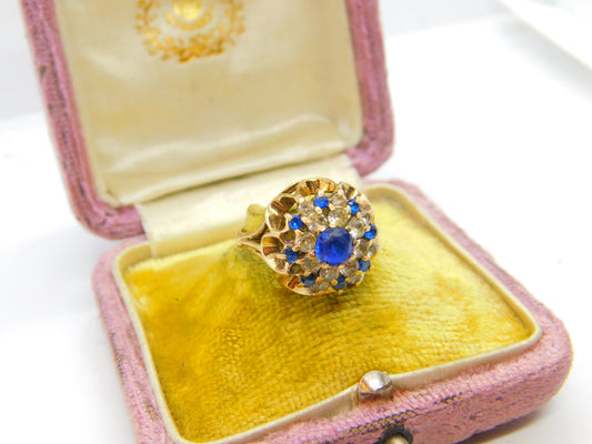 9ct Yellow Gold, Sapphire & Diamond Paste Floral Statement Ring 1972 Birmingham