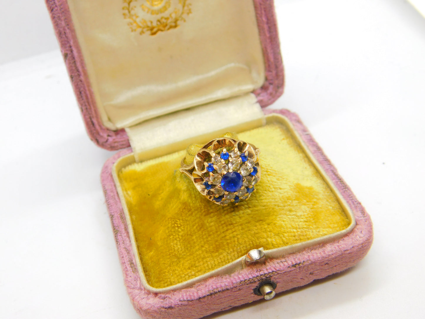 9ct Yellow Gold, Sapphire & Diamond Paste Floral Statement Ring 1972 Birmingham