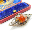 Sterling Silver & Cabochon Moss Agate Floral Brooch Antique c1920 Art Deco