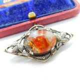 Sterling Silver & Cabochon Moss Agate Floral Brooch Antique c1920 Art Deco