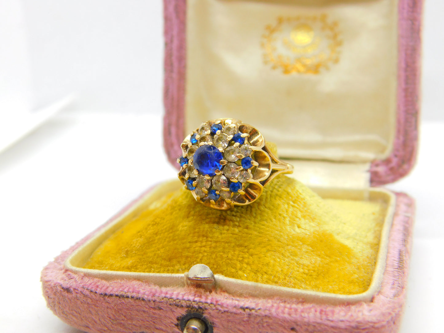 9ct Yellow Gold, Sapphire & Diamond Paste Floral Statement Ring 1972 Birmingham