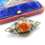 Sterling Silver & Cabochon Moss Agate Floral Brooch Antique c1920 Art Deco