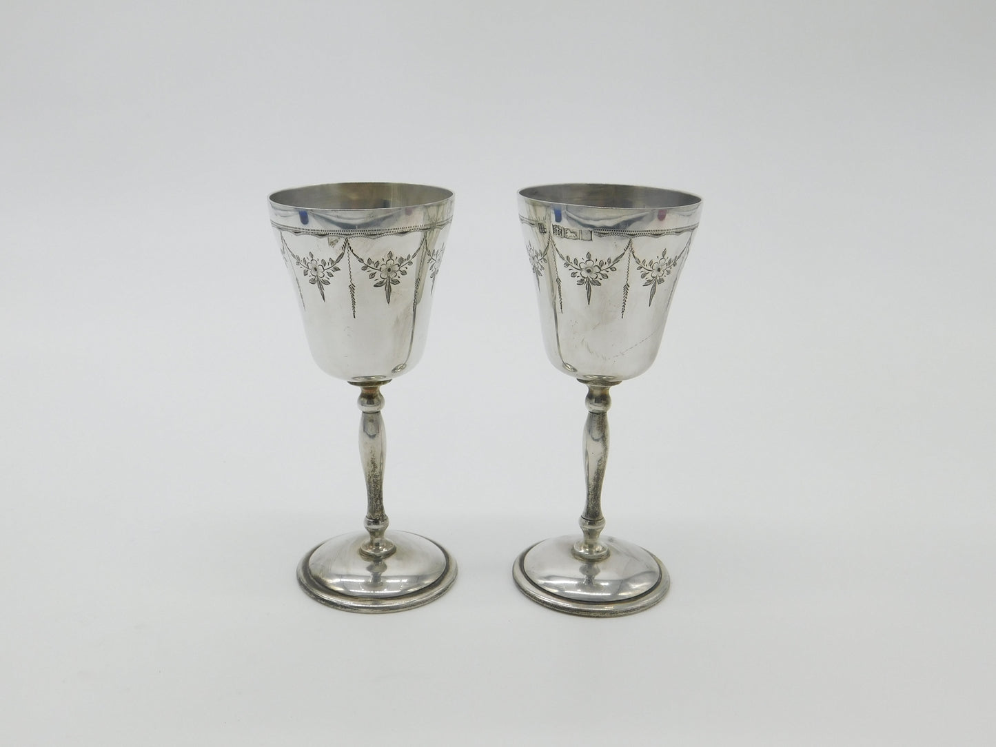 Pair Of Sterling Silver Wine Cup Goblets Floral Pattern Vintage 1973 Birmingham