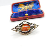 Sterling Silver & Cabochon Moss Agate Floral Brooch Antique c1920 Art Deco