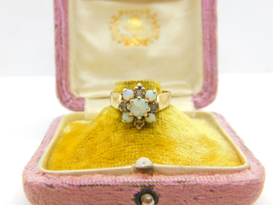 9ct Yellow Gold, Fire Opals & Diamond Floral Cluster Ring 1978 London