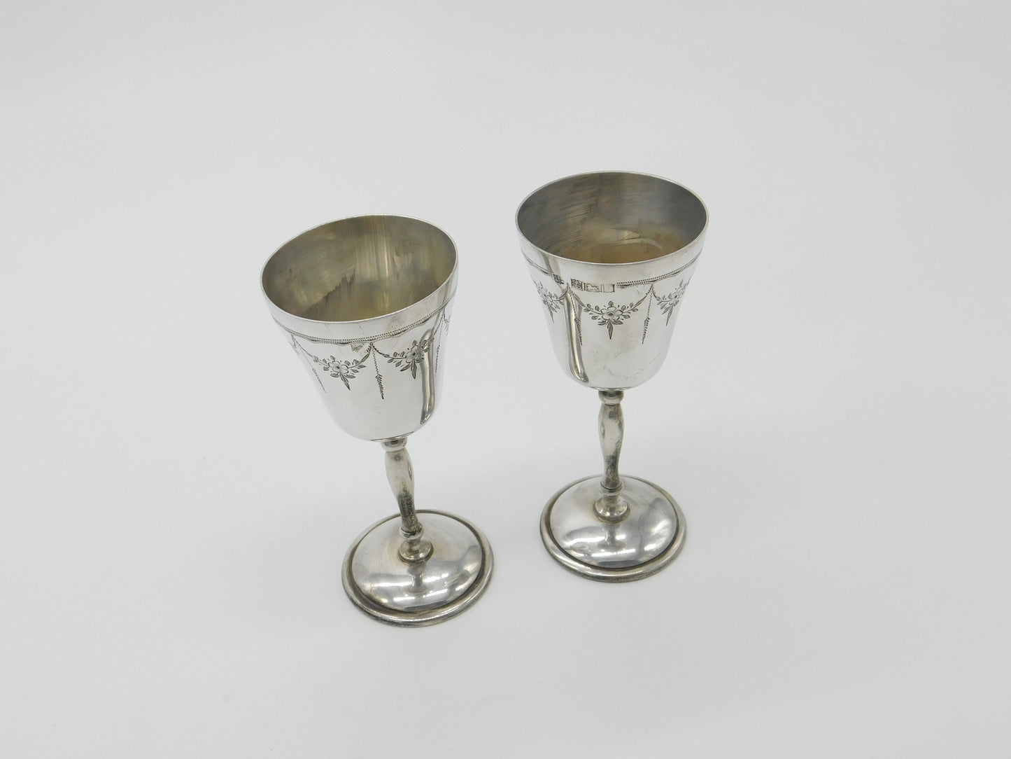 Pair Of Sterling Silver Wine Cup Goblets Floral Pattern Vintage 1973 Birmingham