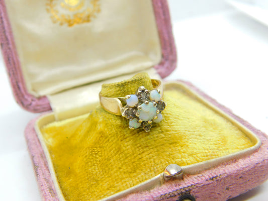 9ct Yellow Gold, Fire Opals & Diamond Floral Cluster Ring 1978 London