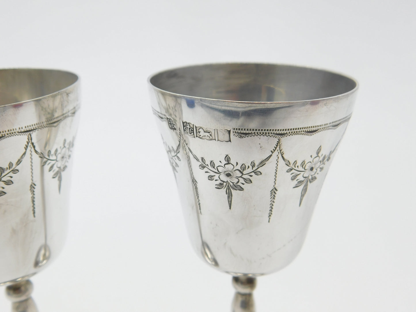 Pair Of Sterling Silver Wine Cup Goblets Floral Pattern Vintage 1973 Birmingham