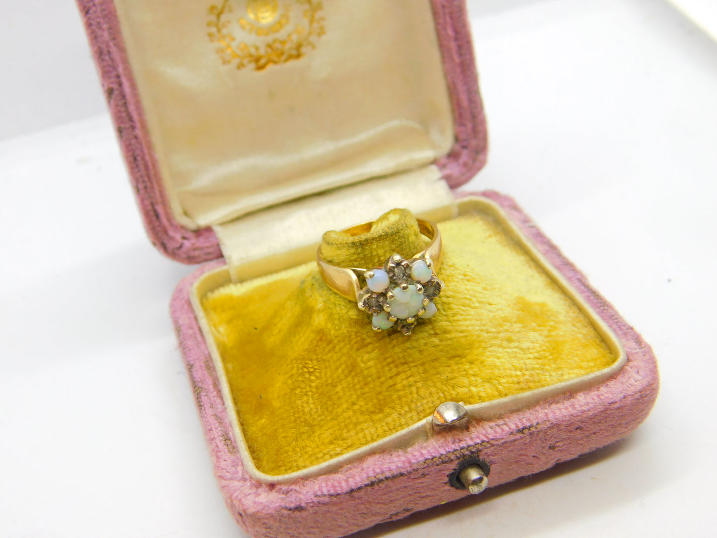 9ct Yellow Gold, Fire Opals & Diamond Floral Cluster Ring 1978 London