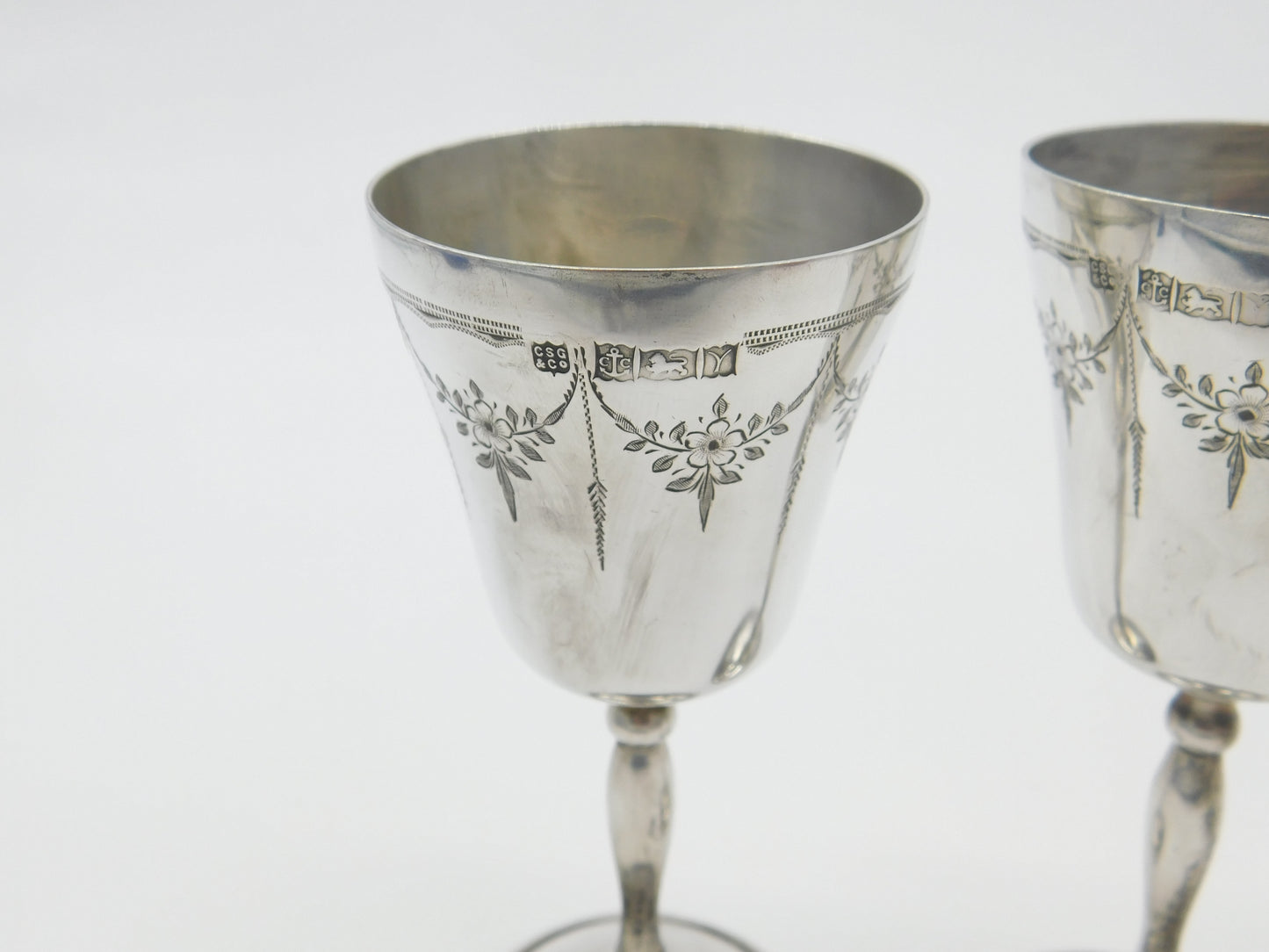 Pair Of Sterling Silver Wine Cup Goblets Floral Pattern Vintage 1973 Birmingham