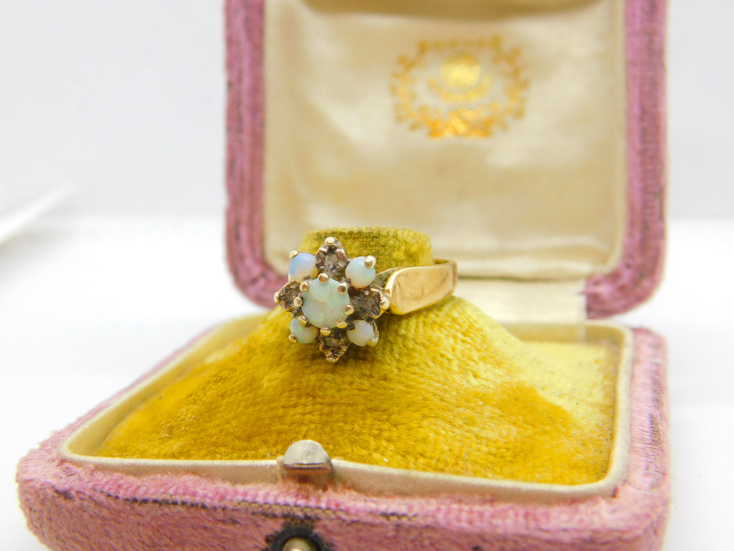 9ct Yellow Gold, Fire Opals & Diamond Floral Cluster Ring 1978 London