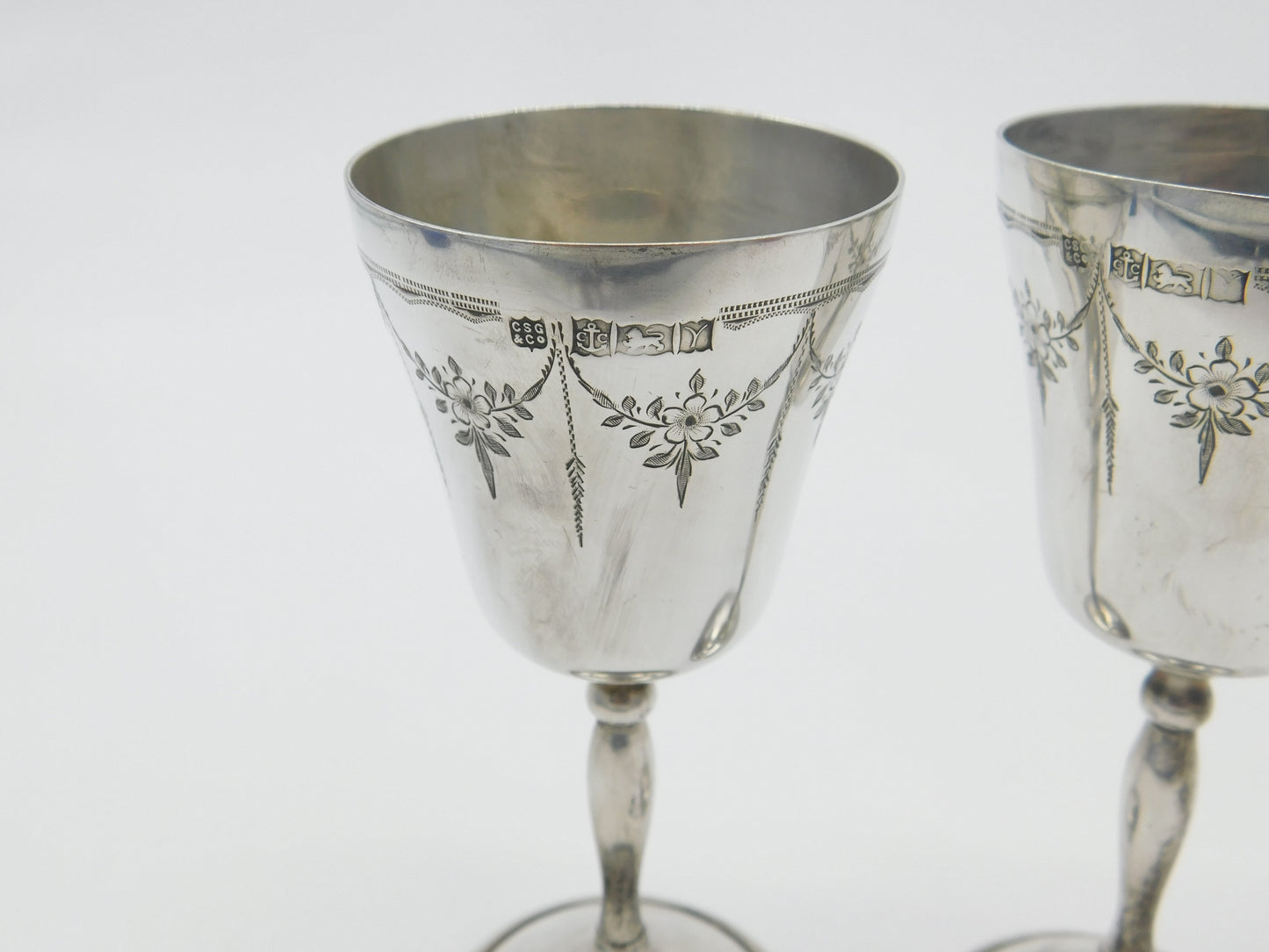 Pair Of Sterling Silver Wine Cup Goblets Floral Pattern Vintage 1973 Birmingham