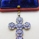 Large Sterling Silver Amethyst Set Floral Cross Pendant Vintage c1990