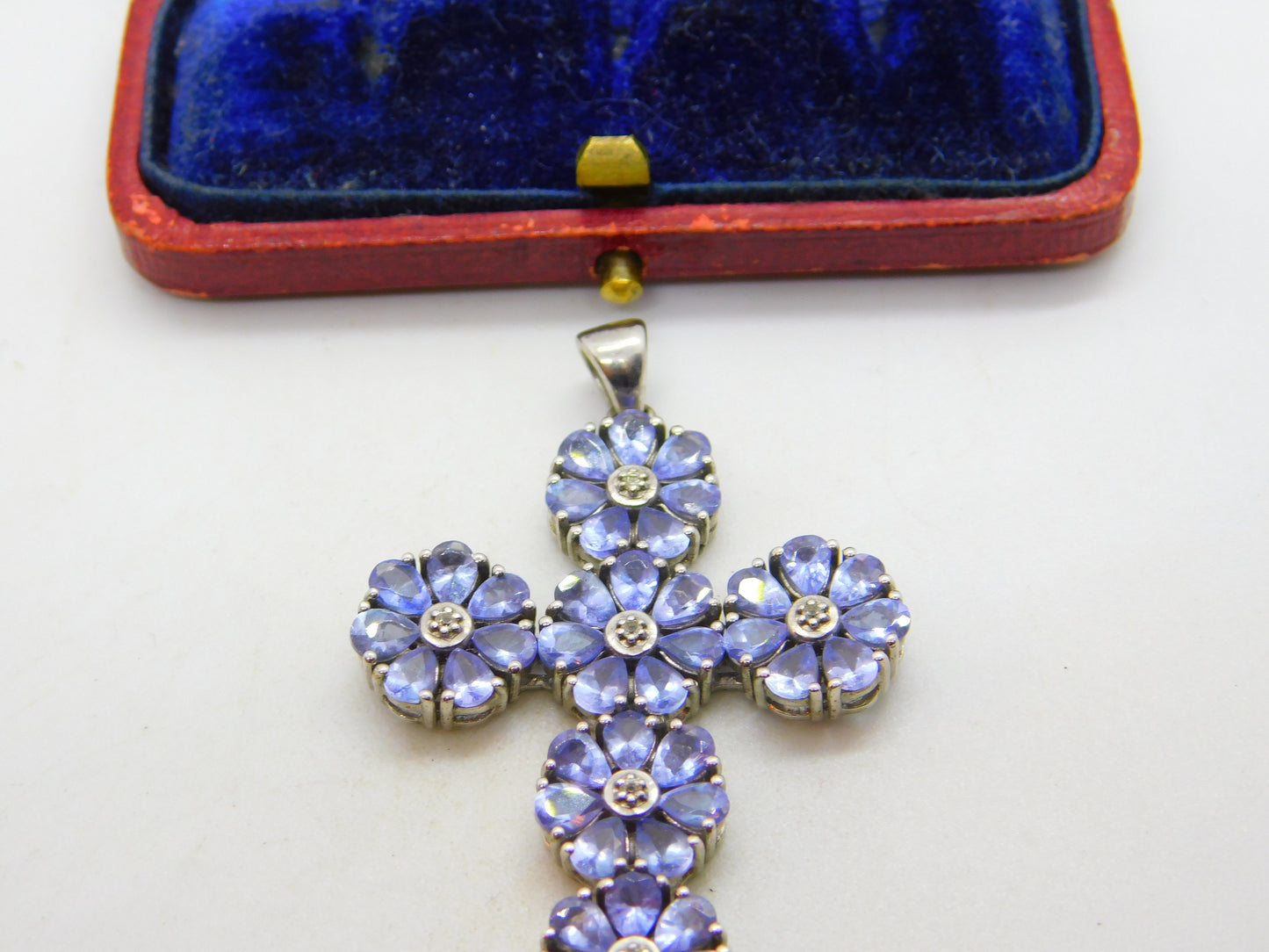 Large Sterling Silver Amethyst Set Floral Cross Pendant Vintage c1990