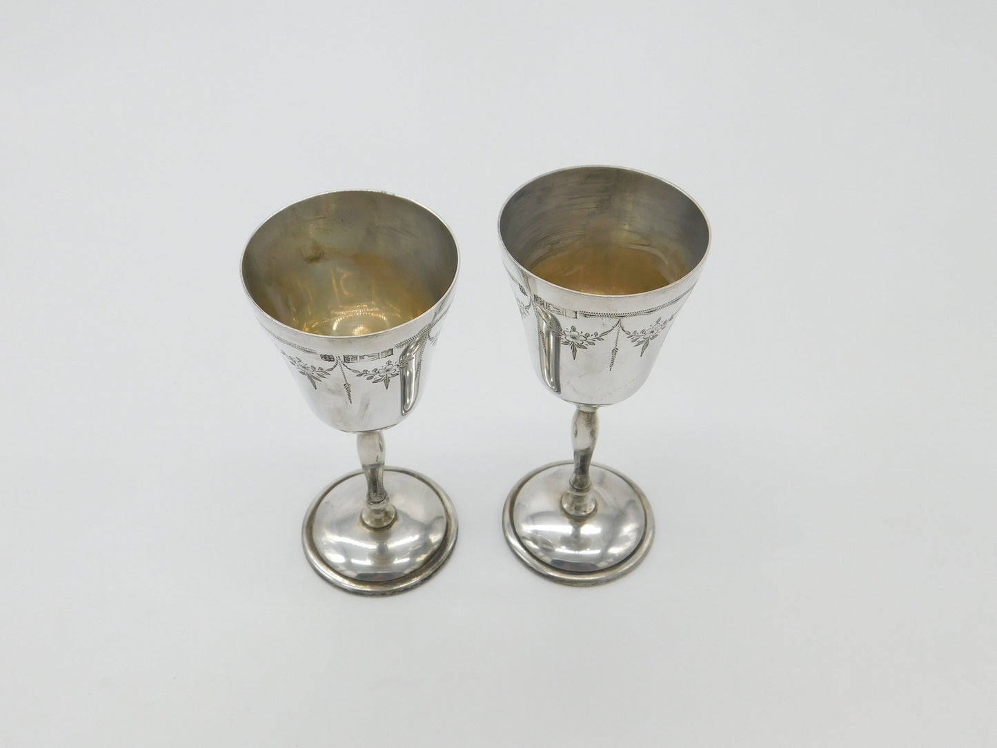 Pair Of Sterling Silver Wine Cup Goblets Floral Pattern Vintage 1973 Birmingham