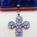 Large Sterling Silver Amethyst Set Floral Cross Pendant Vintage c1990