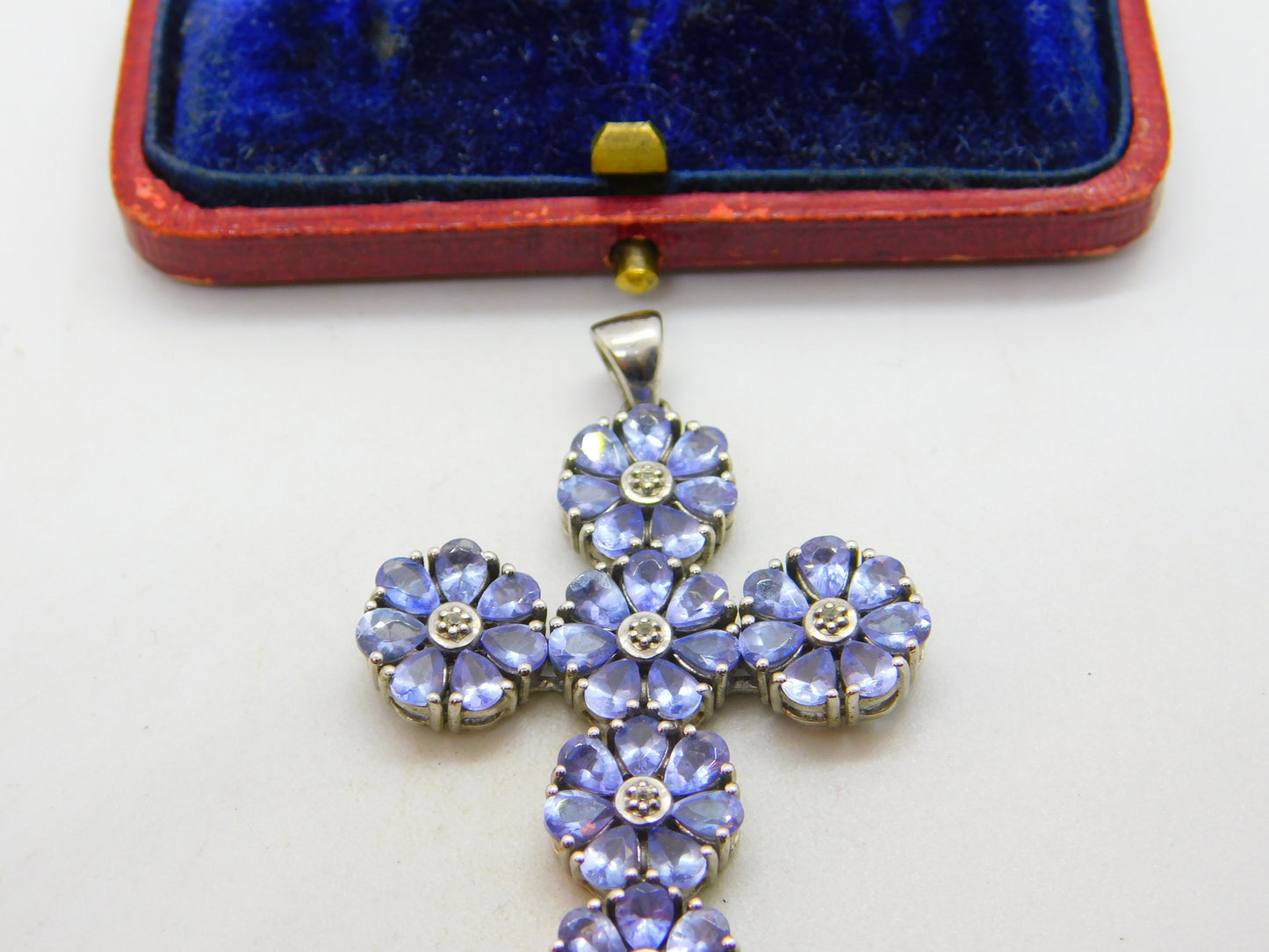 Large Sterling Silver Amethyst Set Floral Cross Pendant Vintage c1990