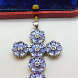 Large Sterling Silver Amethyst Set Floral Cross Pendant Vintage c1990
