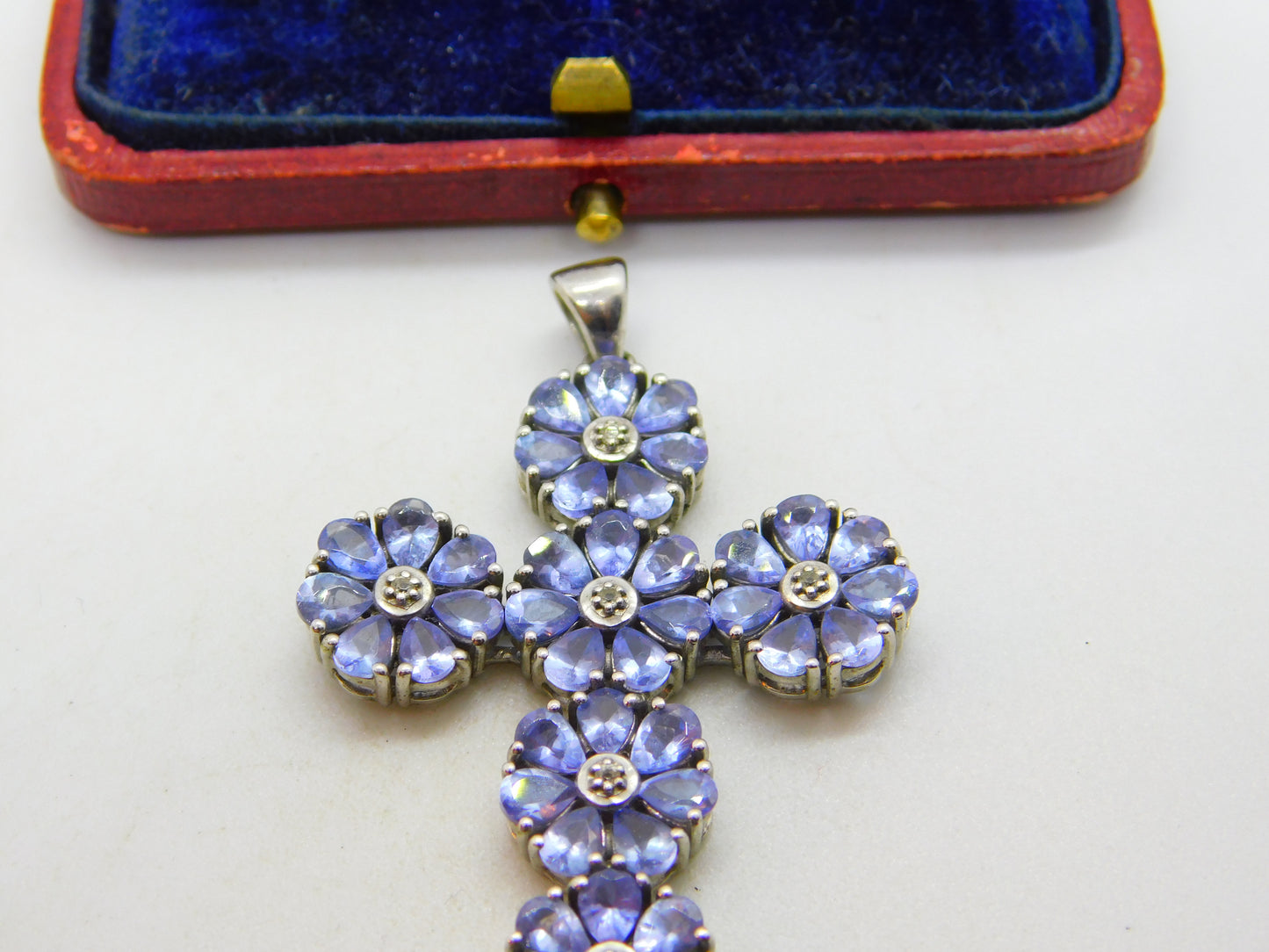 Large Sterling Silver Amethyst Set Floral Cross Pendant Vintage c1990