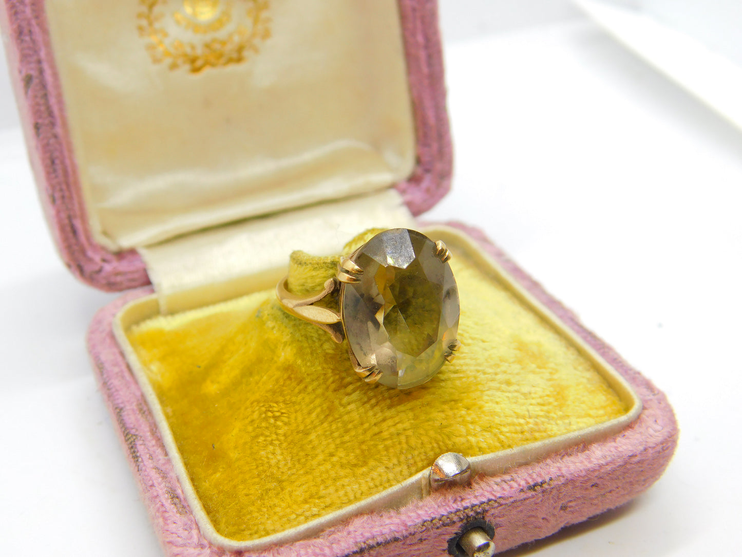 9ct Yellow Gold Faceted Smoky Quartz Signet Ring Antique c1930 Art Deco